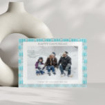 Simple Hanukkah Menorah in Blue Custom Photo  Holiday Card<br><div class="desc">Cute menorah pattern in teal blue and grey for Hanukkah,  personalized with your name,  greeting,  and photo.</div>