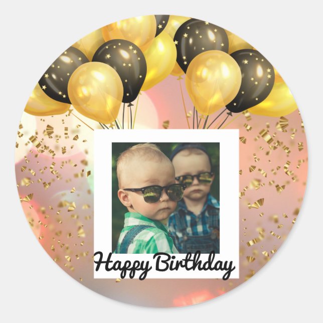 Simple Happy Birthday Add Photo Text Personalized  Classic Round Sticker (Front)