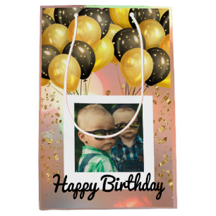 Simple Happy Birthday Add Photo Text Personalized  Medium Gift Bag