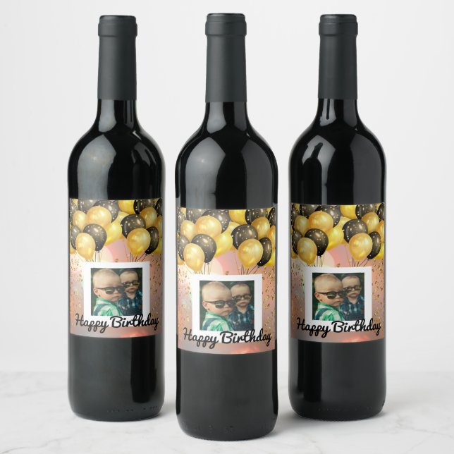 Simple Happy Birthday Add Photo Text Personalized Wine Label (Bottles)