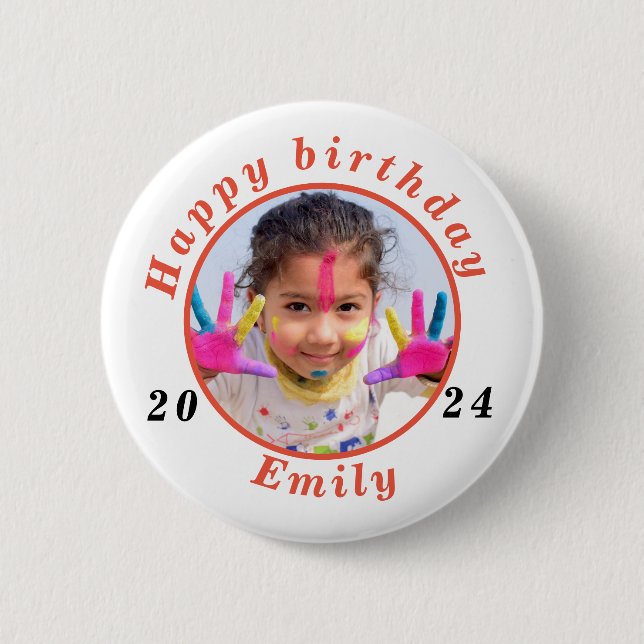 Simple happy birthday Photo name 2 Inch Round Button (Front)