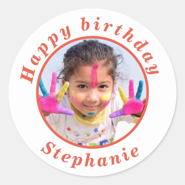 Simple happy birthday Photo name Classic Round Sticker (Front)