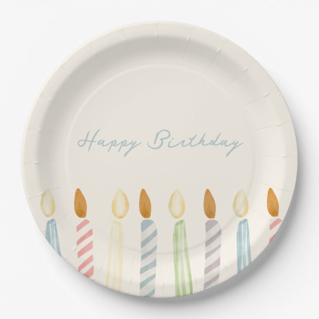 Simple “Happy Birthday” with Candles Party Paper Plate (Front)
