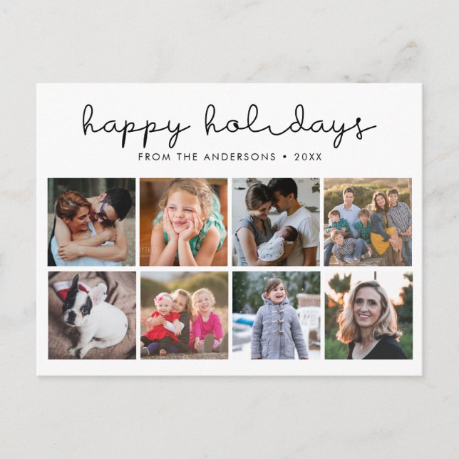 Simple Happy Holidays Minimalist Script 8 Photo Holiday Postcard (Front)