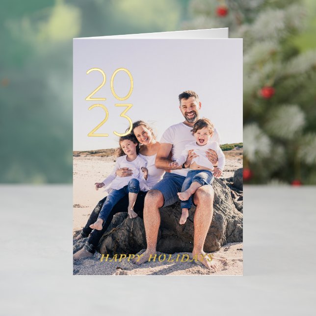 Simple Happy Holidays New Year 8 Photo Folded Foil Holiday Card (Holiday In Situ)