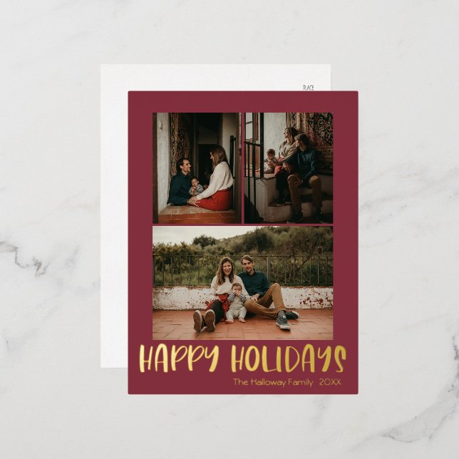 Simple Happy Holidays Red Vertical 3 Photo | Gold Foil Holiday Postcard (Front/Back)