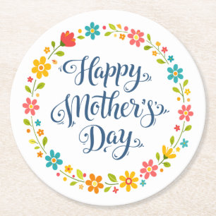 Simple Happy Mother's Day Calligraphy Floral    Round Paper Coaster