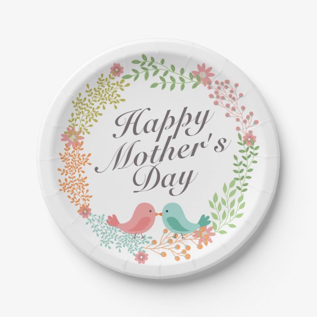 Simple Happy Mother's Day Floral Paper Plate (Front)