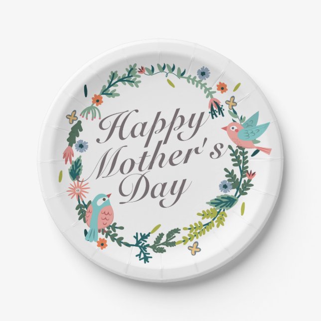 Simple Happy Mother's Day Floral Paper Plate (Front)