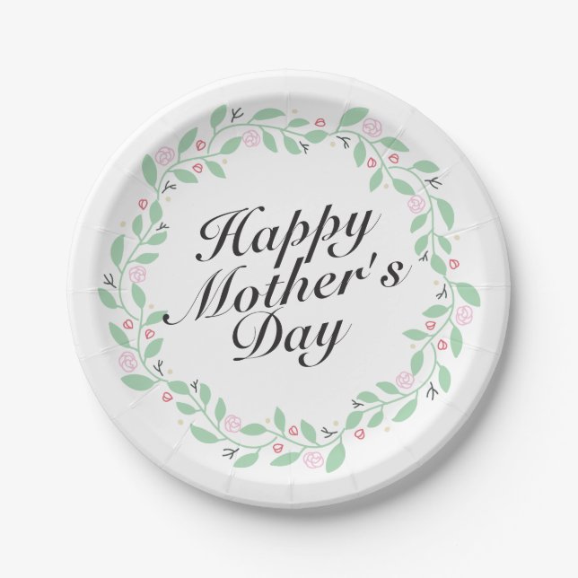 Simple Happy Mother's Day Floral Paper Plate (Front)