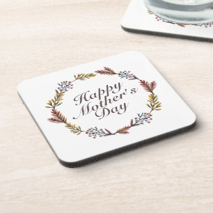 Simple Happy Mother's Day Floral Wreath Coaster