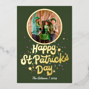 Simple Happy St patricks day Shamrocks Family Foil Holiday Card