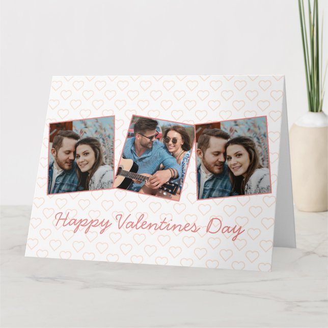 Simple Happy Valentines Cute 3 Photo Heart Pattern Card (Front)