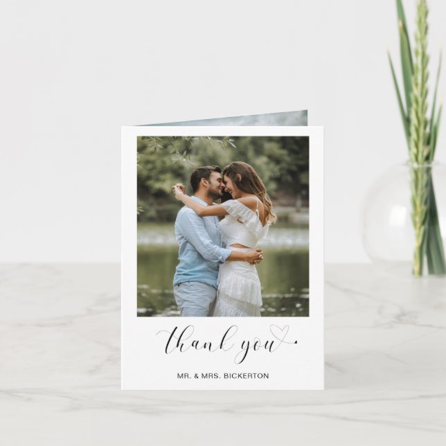 Simple Heart Minimalist Script Wedding Photo Thank You Card (Front)