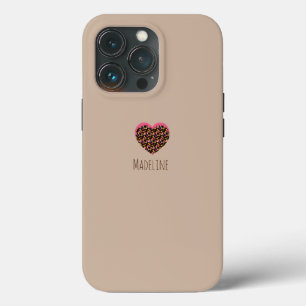Simple Heart Pink Animal Print Pattern Brown iPhone 13 Pro Case