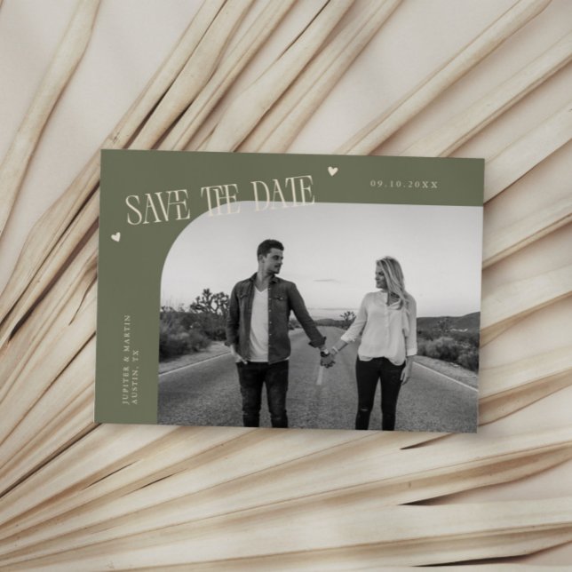 Simple Heart Sage Green Curved Frame Photo Save The Date (Creator Uploaded)