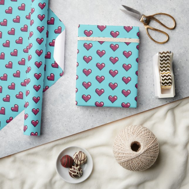 Simple Heart Shape Red Pixel Art Pattern Wrapping Paper (Crafts)