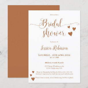 Simple hearts terracotta script chic bridal shower invitation