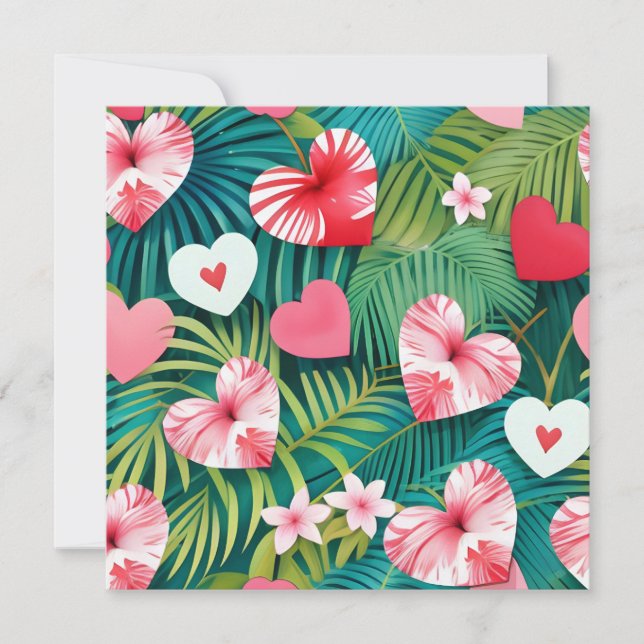 Simple hearts & tropical foliage  holiday card (Front)