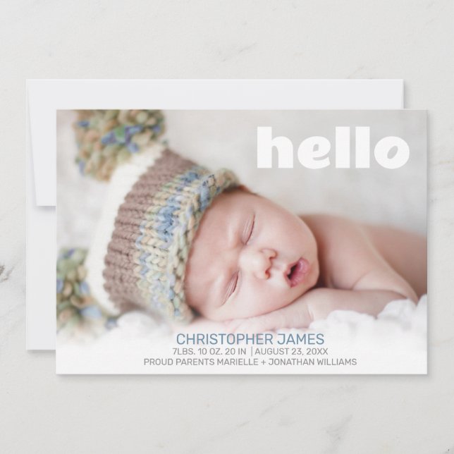 Simple Hello Blue Script White Back Baby Boy Photo Announcement (Front)