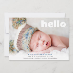 Simple Hello Blue Script White Back Baby Boy Photo Announcement