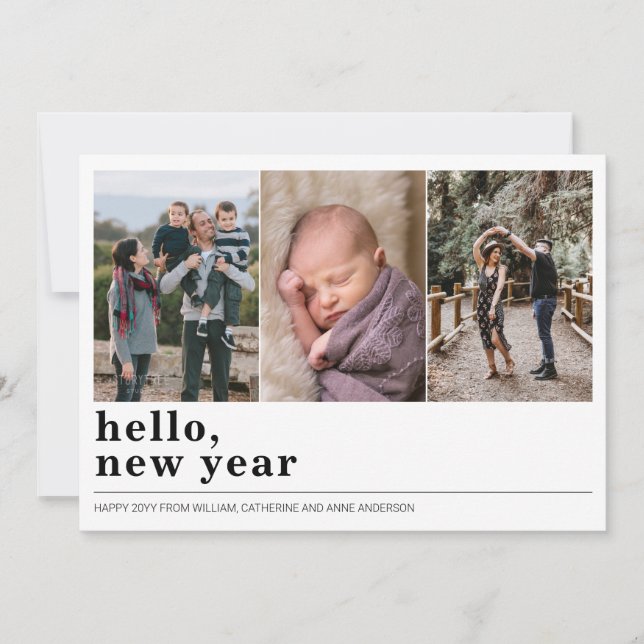 Simple Hello Happy New Year Typography 3 Photo Holiday Card (Front)