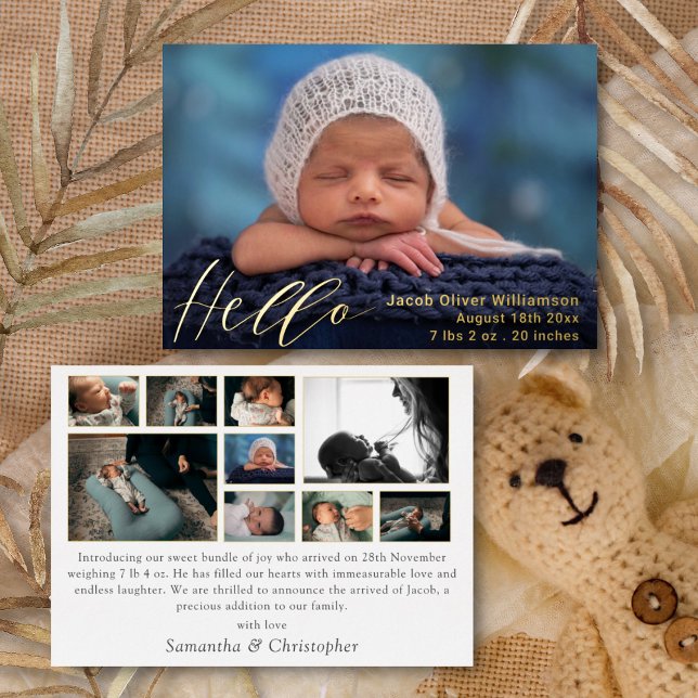 Simple Hello Photo Collage Gold Baby Announcement (Creator Uploaded)