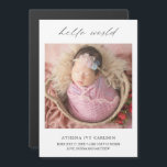 Simple Hello World Photo Birth Announcement<br><div class="desc">Modern birth announcement magnetic card with a simple design featuring a square photo of your newborn baby boy or girl along with "hello world" in an elegant script and baby's name and birth stats. This minimalist style announcement magnet is the perfect way to announce your new baby to all of...</div>