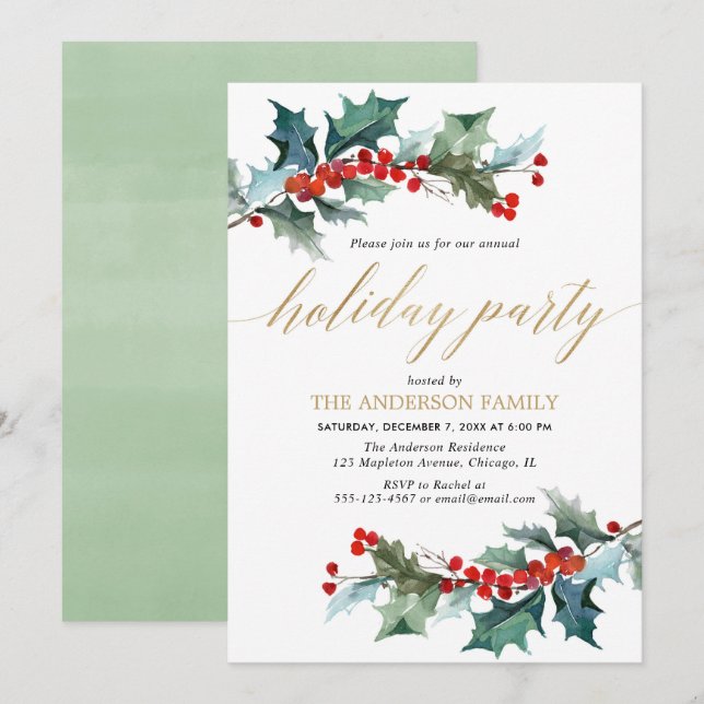 Simple holiday party green red holly gold greenery invitation (Front/Back)