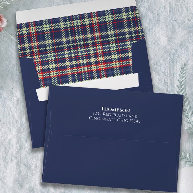 Simple Holiday Rustic Navy Blue Plaid Pattern Cute Envelope (Classic Navy blue pattern envelope with white text return address printed on the back flap.)
