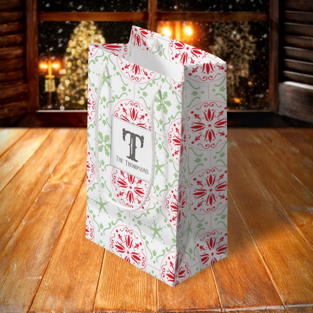 Simple Holiday Snowflake Christmas Monogram Small Gift Bag (Monogram holiday green and red snowflakes gift bag)