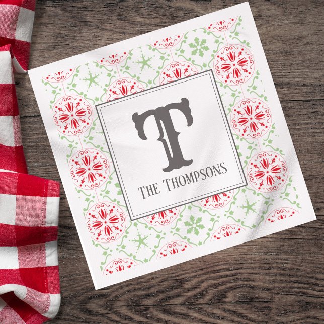 Simple Holiday Snowflake Pattern Monogram Initial Napkin (Personalized Christmas monogram napkin with red snowflake pattern.)