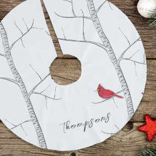 Simple Holiday Winter Red Cardinal Birch Tree Brushed Polyester Tree Skirt