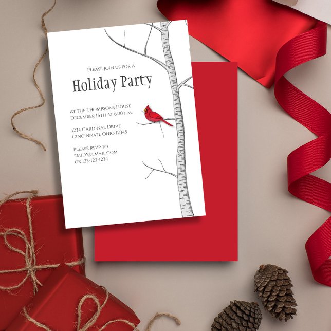 Simple Holiday Winter Red Cardinal Birch Tree  Invitation (Simple Holiday Party invitation with a winter woodland red cardinal bird.)