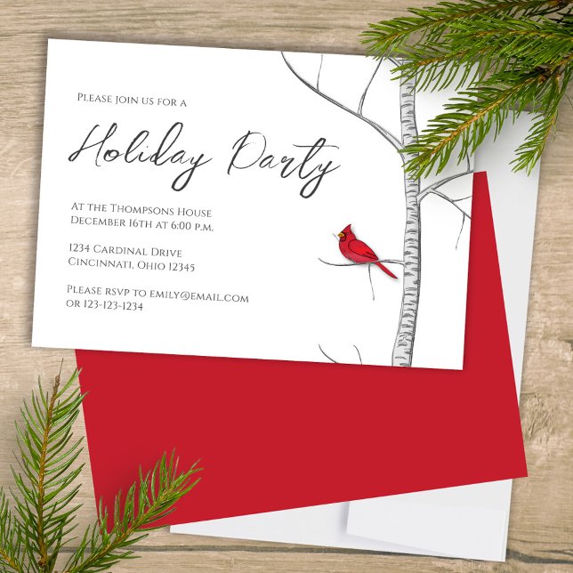 Simple Holiday Winter Red Cardinal Birch Tree  Invitation (Simple Holiday Party invitation with a winter woodland red cardinal bird.)