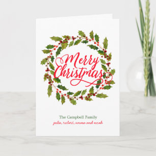 Simple Holly Wreath Merry Christmas Holiday Card