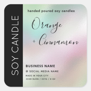 Simple holographic typography soy candle   square sticker