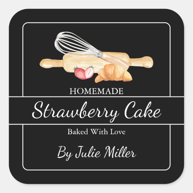 Simple Homemade Baking Square Label Black (Front)