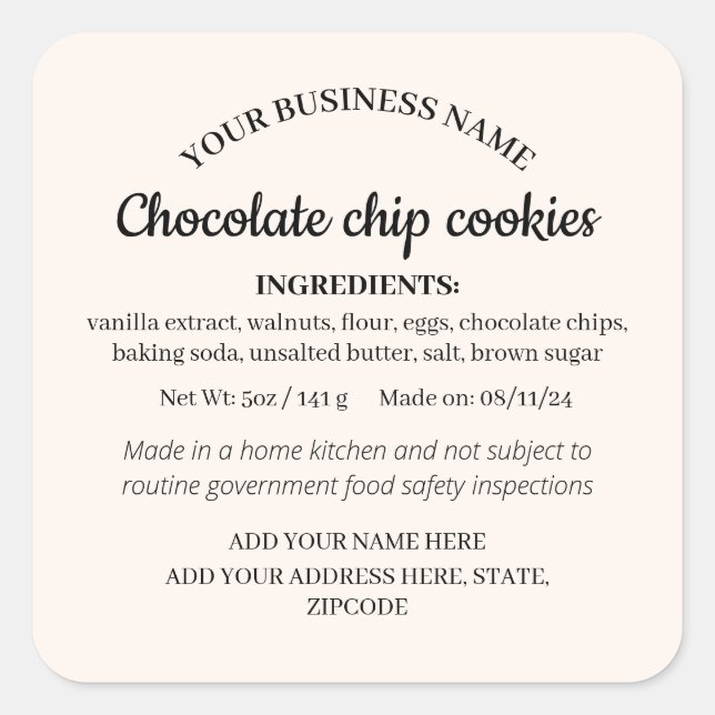 Simple Homemade Goods Cottage Law Ingredient Label (Front)