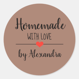 Simple Homemade with love brown script custom Classic Round Sticker
