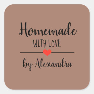 Simple Homemade with love brown script custom Square Sticker