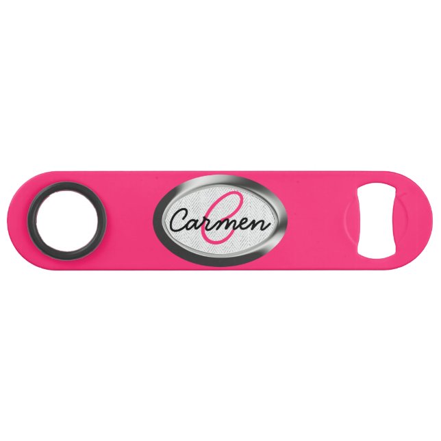 Simple Hot Pink and Metallic Monogram Speed Bottle Opener (Back Horizontal)
