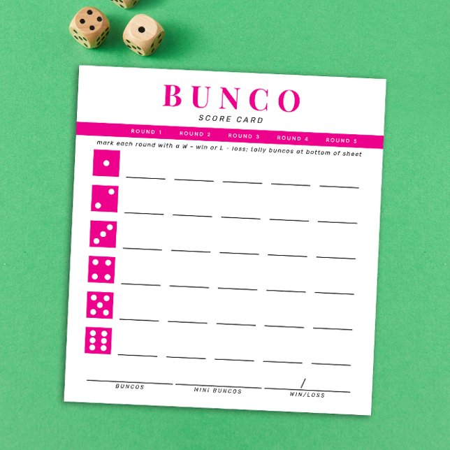 Simple Hot Pink and White Bunco Score Card Notepad (modern tear-off notepad Bunco score card with hot fuchsia pink dice graphics and accents)