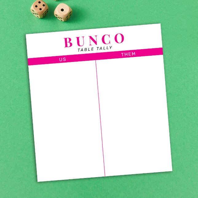 Simple Hot Pink and White Bunco Table Tally Notepad (modern tear-off notepad Bunco score card with hot pink fuchsia graphic accents)