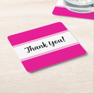 Simple Hot Pink and White Thank You Party Square Paper Coaster