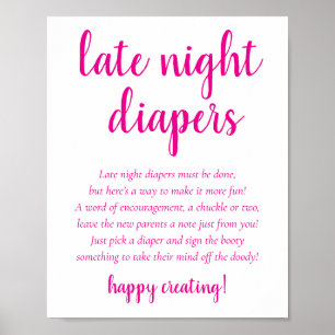 Simple Hot Pink Late Night Diapers   Baby Shower Poster