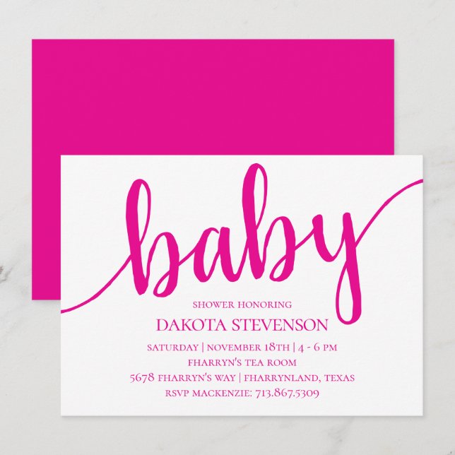 Simple Hot Pink Script | Flourish Baby Shower Invitation (Front/Back)