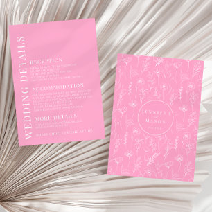 Simple hot pink white floral wedding details cards