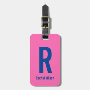 Simple Hot Pink with Blue Name & Monogram Luggage Tag