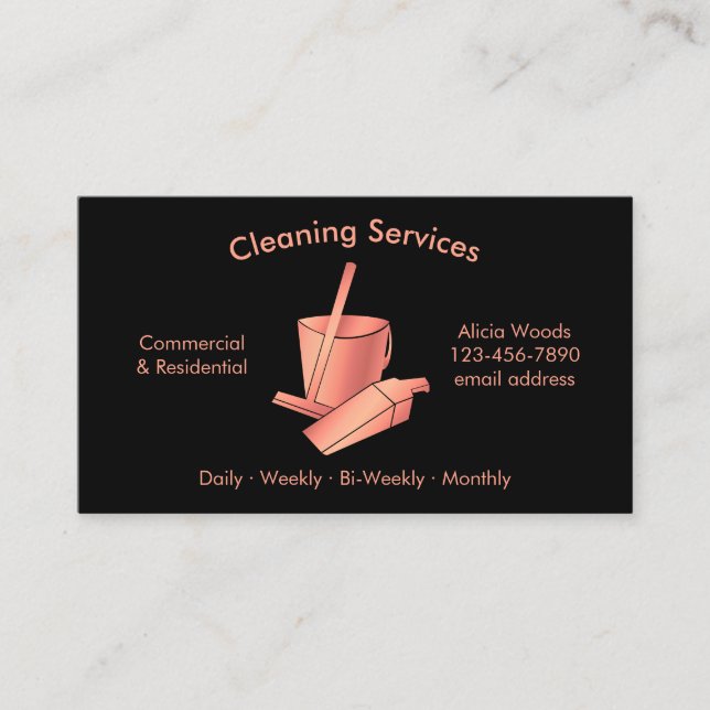 Simple House Cleaning Services Black and Rose Gold Business Card (Front)